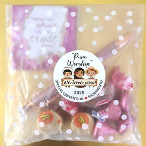 1.9 inch Stickers with bags JW 2025 special convention gifts bulk, pure worship, empty polka dot bag