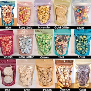 Empty Bags baby shower treat popcorn favors wedding snack mylar foil Stand up pouches zip brown kraft rose gold blue pink green teal aqua image 3