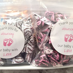 Girl baby shower favors pink 1.9 inch stickers and bags, thank you for showering our baby with love, baby shower labels bulk party favor