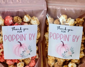Light Pink Pumpkin wedding popcorn favors fall thank you for poppin' by favors 3" stickers and treat bags, Autumn zip bags baby shower