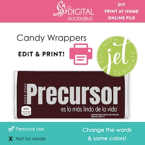 Español DIY editable printable chocolate bar wrapper template Precursor JW Pioneer school gift DIY Digital Online Jet template Spanish