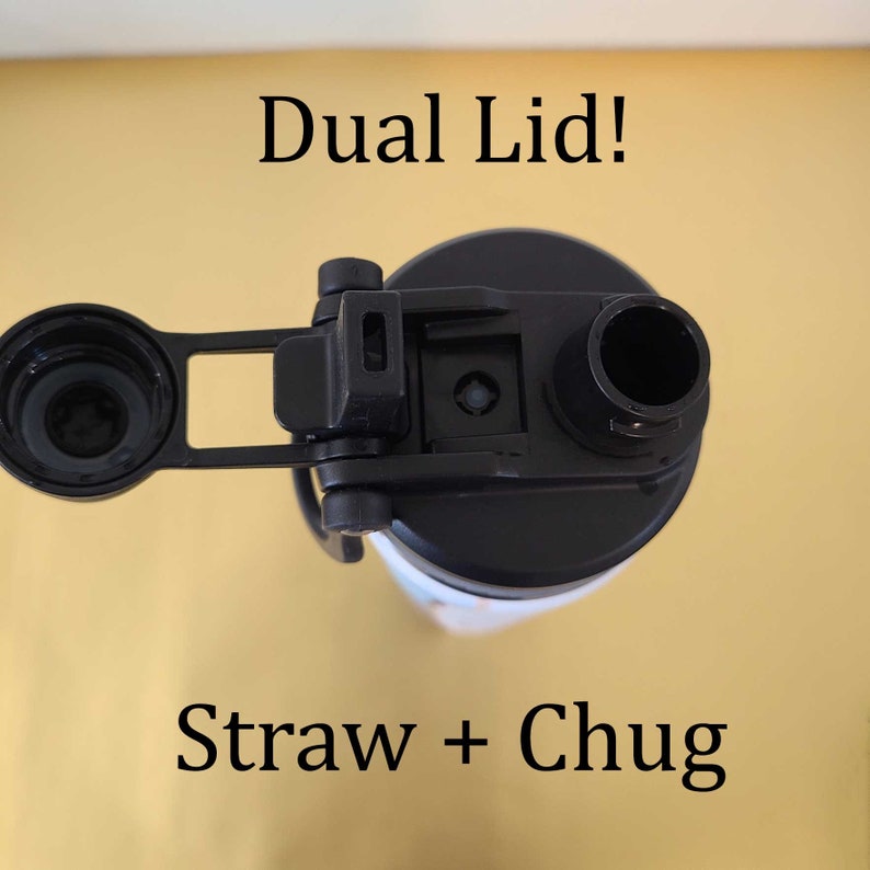 May include: Black water bottle lid with a dual lid design. The lid has a flip-top opening and a separate straw opening. The text "Dual Lid!" and "Straw + Chug" are printed on the image.
