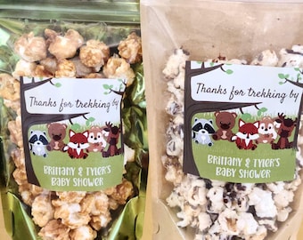 Personalized woodland animals baby shower popcorn favors 3" stickers and bags