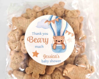 Personalized Teddy bear baby shower favors stickers and bags, thank you favor labels for babies shower boy blue DIY hot air balloon
