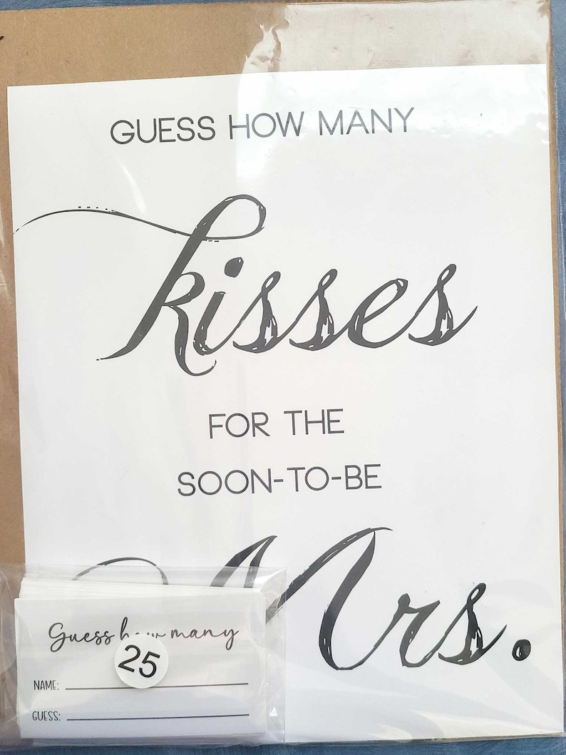 PRINTED bridal shower game guess how many kisses for the soon to be Mrs. 8x10 sign and cards party guessing game modern NO frame image 2