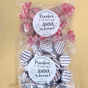 Spanish Español 1.9 inch Stickers with bags Jw pioneer gifts bulk, Prueben y vean que Jehová es bueno labels bags imagem 10
