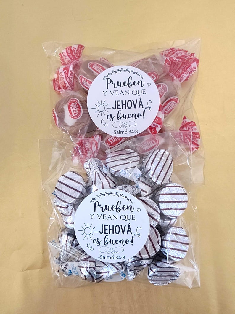 Spanish Español 1.9 inch Stickers with bags Jw pioneer gifts bulk, Prueben y vean que Jehová es bueno labels bags imagem 10