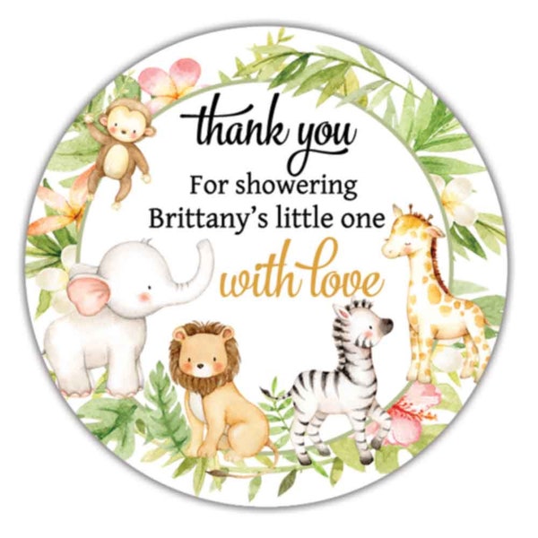 Personalized 1.9 inch stickers PRINTED safari baby shower favors jungle theme DIY favor round label girl gender neutral animal thank you