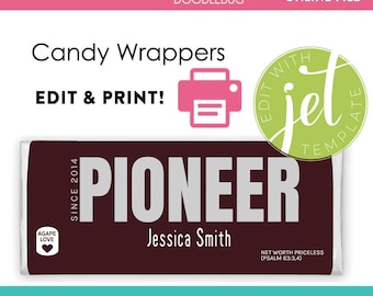 Editable printable chocolate candy bar wrappers Pioneer template 2025 Digital Online Jet template
