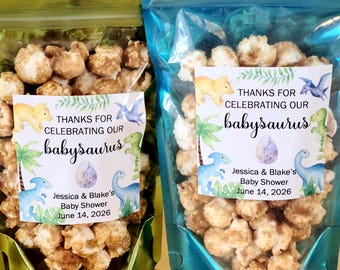 baby shower party favors Dinosaur 3 inch stickers & treat bag personalized popcorn favors