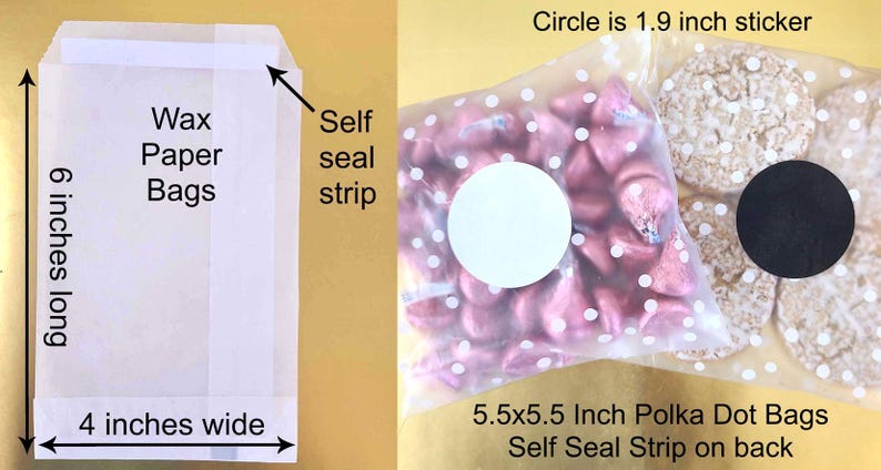 Pode incluir: Dois tipos de sacos transparentes com fecho autocolante. O primeiro &eacute; um saco de papel encerado de 15,24 cm por 10,16 cm com uma tira autocolante. O segundo &eacute; um saco de bolinhas de 14 cm por 14 cm com uma tira autocolante. O saco de bolinhas tem um autocolante circular de 4,83 cm.