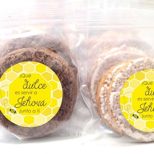 Spanish 1.9 inch Stickers with bags Español JW pioneer gifts bulk, que dulce es servir a Jehova junto a ti Honey bee labels cookie snack