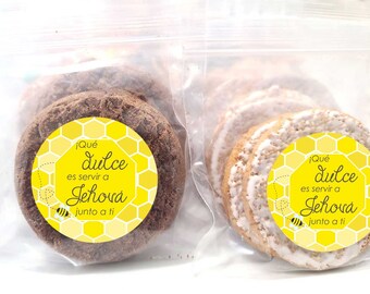 Spanish 1.9 inch Stickers with bags Español JW pioneer gifts bulk, que dulce es servir a Jehova junto a ti Honey bee labels cookie snack