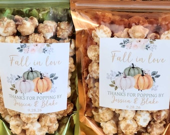 Personalized pumpkin wedding favors popcorn thanks for popping by 3" stickers and treat bags, fall in love Autumn bulk gift pouch