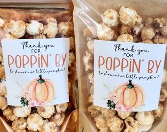 Pumpkin baby shower fall thanks for popping by popcorn baby shower favors 3" stickers and treat bags, Autumn zip bags orange gender neutral