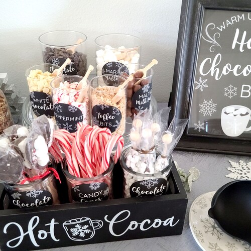 PRINTED Hot chocolate bar kit DIY 36 labels 2.5" With 8x10 paper sign, black white snowflake round labels for winter party decor