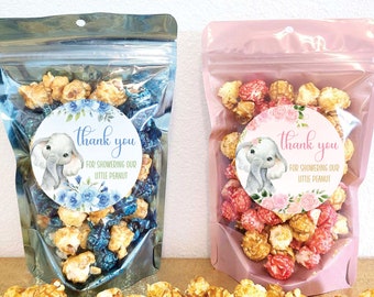 Baby shower favors elephant thanks for showering our little peanut 3" stickers and treat bag favors for popcorn or peanuts