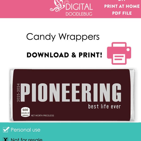 DIY printable candy bar wrappers template, Jw Pioneer school appreciation gift 2023 2024 Digital File Instant Download 600 hours