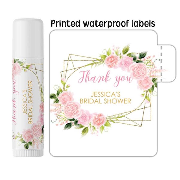 Bridal shower favors lip balm Labels thank you DIY thank you party baby shower favor stickers pink roses gold floral greenery