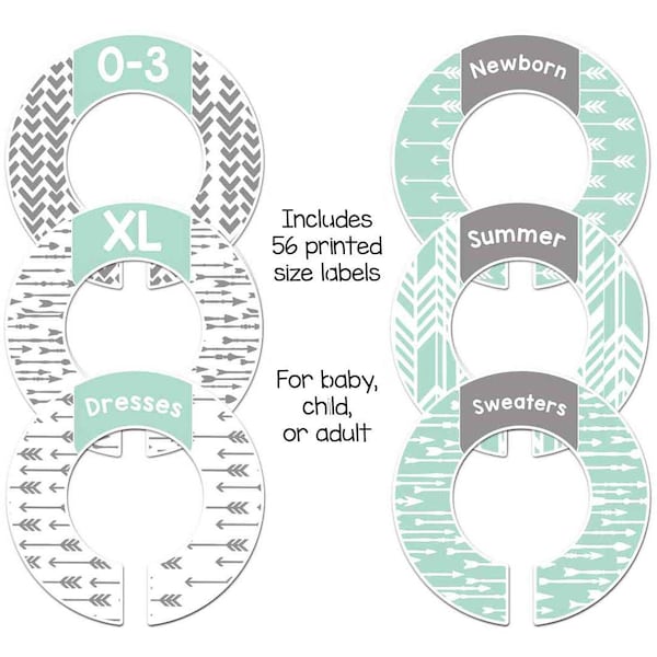 6 Clothing Size Dividers Adult or Baby Nursery Fits 1.5" Closet Rod Gray Mint Unisex 56 sticker sizes