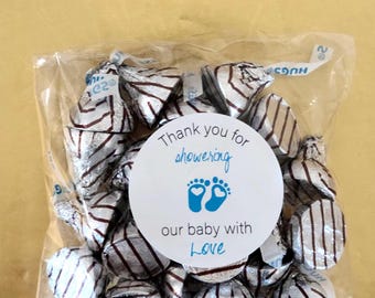 Boy baby shower favors 1.9 inch stickers + bags thank you for showering our baby with love, bulk party labels