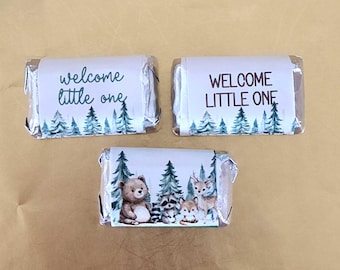 Woodland baby shower favor stickers DIY labels for mini chocolate candy bars