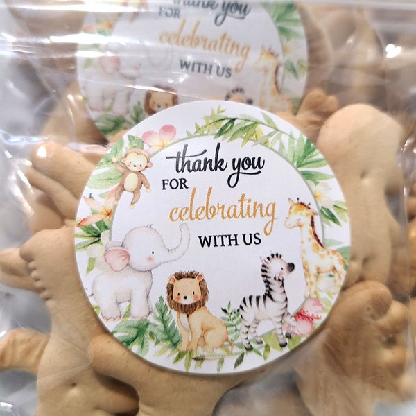 Safari baby shower favors 1.9 inch stickers and bags thank you celebrating with us, Gender neutral girl favors baby shower label party favor