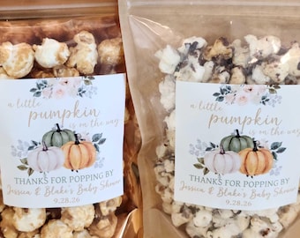 Personalized Autumn pumpkin thanks for popping by popcorn baby shower favors 3" stickers and treat bags, fall favors bulk gift pouch