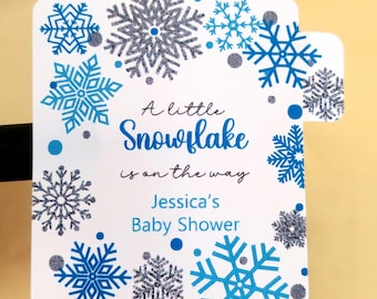 Winter baby shower favors lip balm labels little snowflake on the way personalized name
