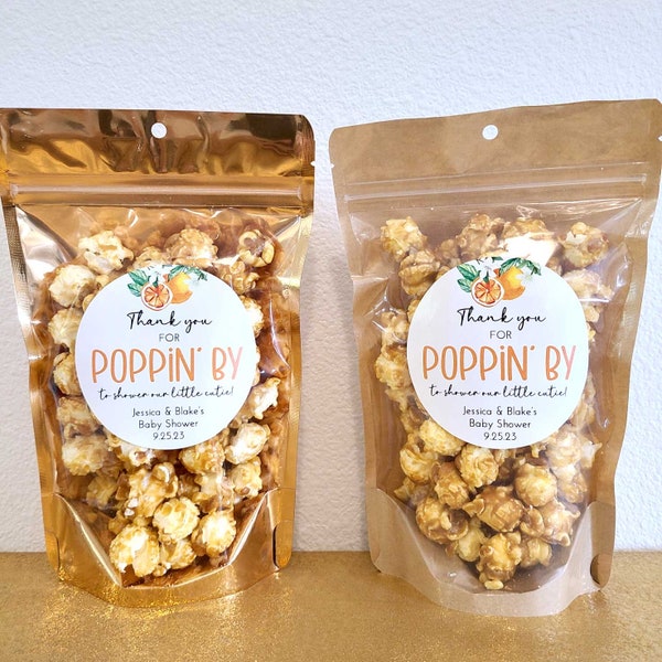 Personalized little cutie thanks for popping by popcorn baby shower favors 3" stickers and treat bags, orange bulk gift pouches clementine