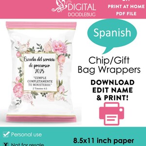Spanish DIY printable chip gift bag wrappers template, JW 2025 pioneer school for sister pink roses Digital File Instant Download