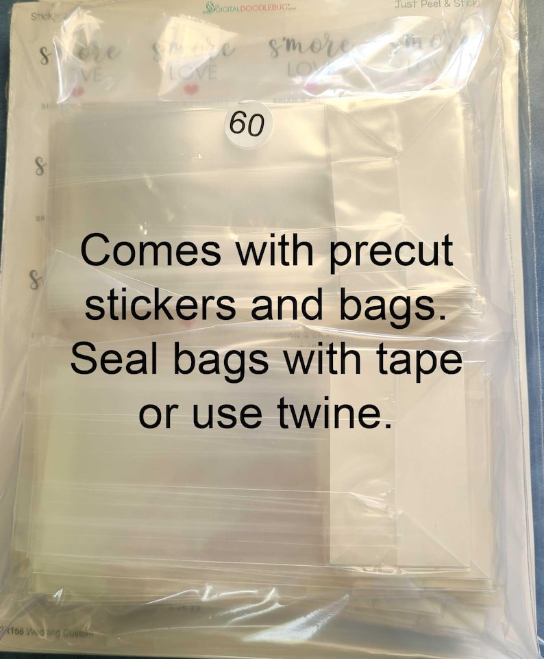 May include: A clear plastic bag filled with 60 smaller clear plastic bags. The bags are labeled with the text "Comes with precut stickers and bags. Seal bags with tape or use twine."