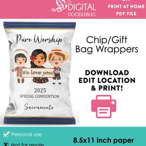 DIY printable chip gift bag wrappers template, JW 2025 special convention Pure Worship Digital File Instant Download