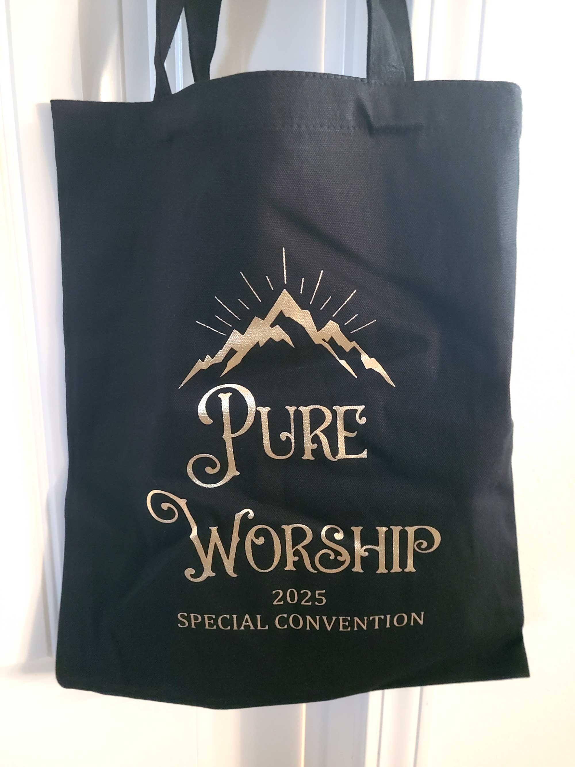 tote bag Pure Worship 2025 special convention JW gift 13x16 inches black and gold