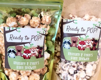 Ready to pop! woodland animals baby shower popcorn favors 3" stickers and bags personalized forest critters gender neutral baby shower