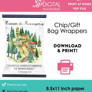 May include: A white chip bag wrapper with a watercolour illustration of a village scene, trees, and houses. Text includes "Reunion de Precursores" and "Chip/Gift Bag Wrappers". The design also features the text "DOWNLOAD & PRINT!"