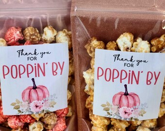 Pink Pumpkin wedding popcorn favors fall thank you for poppin' by favors 3" stickers and treat bags, Autumn zip bags baby shower