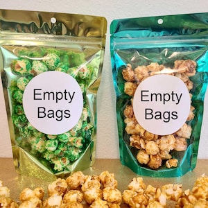 Empty mylar foil bags for popcorn or other food favors. 5x8 inches with a 2.5 inch gusset