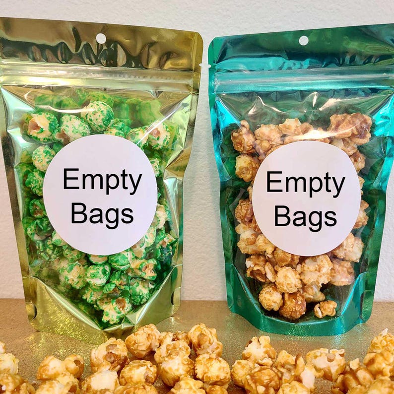 Empty mylar foil bags for popcorn or other food favors. 5x8 inches with a 2.5 inch gusset
