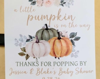 Personalized Autumn pumpkin thanks for popping by stickers popcorn baby shower favors 3" labels fall