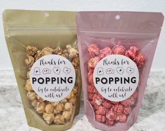 Popcorn favors 3 inch stickers and bags wedding favors thanks for popping by popcorn labels DIY baby shower popcorn favor white black