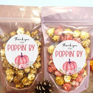 Pink Pumpkin wedding popcorn favors fall thank you for poppin&#39; by favors 3&quot; stickers and treat bags, Autumn zip bags baby shower