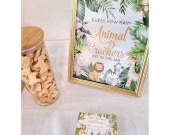 PRINTED Safari baby shower game guess how many animal crackers cards + 8x10 sign jungle guessing game party gender neutral coed - NO frame