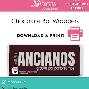 Puede incluir: Diseño de envoltorio de barra de chocolate imprimible con el texto "ANCIANOS gracias por pastorearnos" en blanco sobre un fondo marrón oscuro. El envoltorio también incluye el texto "PARA NUESTROS" y un corazón con las palabras "AMOR AGAPE" en español. El texto "PATRIMONIO NETO SIN PRECIO (Jeremías 23:4)" también está incluido.
