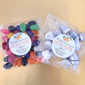 Little cutie baby shower favor stickers and bags, personalized orange clementine