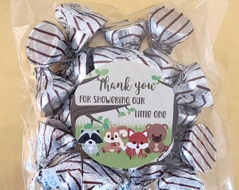 woodland baby shower favors stickers and bags thank you for showering our little one, round labels forest animals DIY bulk 1.9 inch