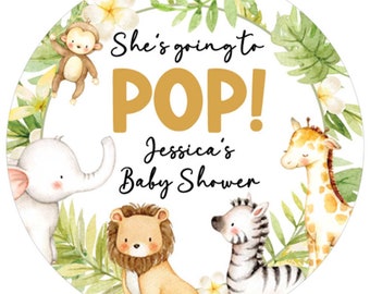 PRINTED personalized safari baby shower favors 1.9 inch stickers going to pop, popcorn favors jungle theme DIY round labels gender neutral