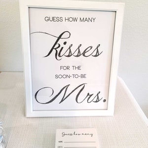 PRINTED bridal shower game guess how many kisses for the soon to be Mrs. 8x10 sign and cards party guessing game modern NO frame image 3