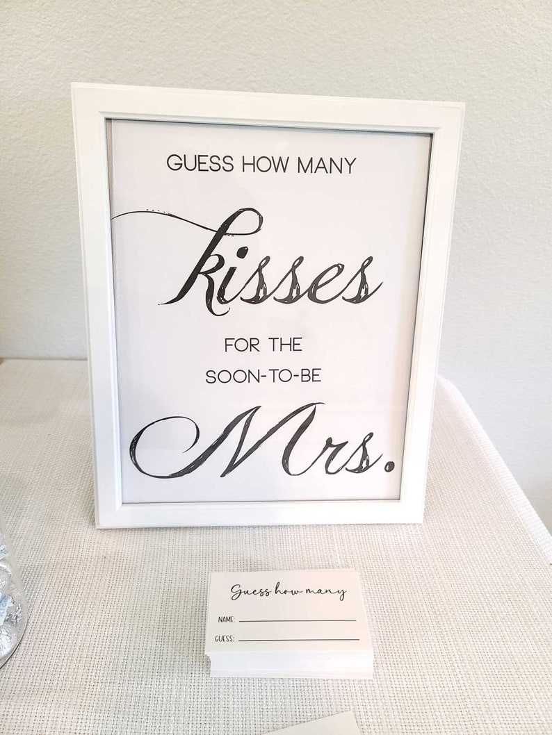PRINTED bridal shower game guess how many kisses for the soon to be Mrs. 8x10 sign and cards party guessing game modern NO frame image 3