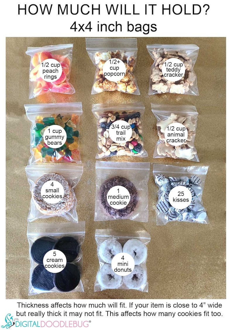 Pode incluir: Um gr&aacute;fico que mostra quantas diferentes guloseimas e petiscos cabem em sacos de 10x10 cm. O gr&aacute;fico inclui itens como ursinhos de goma, pipoca, biscoitos e beijos. O texto no gr&aacute;fico diz "HOW MUCH WILL IT HOLD? 4x4 inch bags".